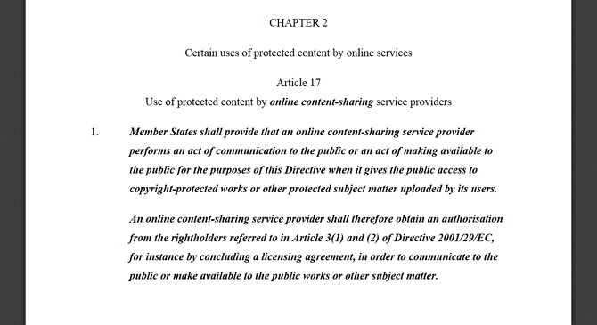Schermata dell'articolo 17 della direttiva UE sul diritto d'autore 2019