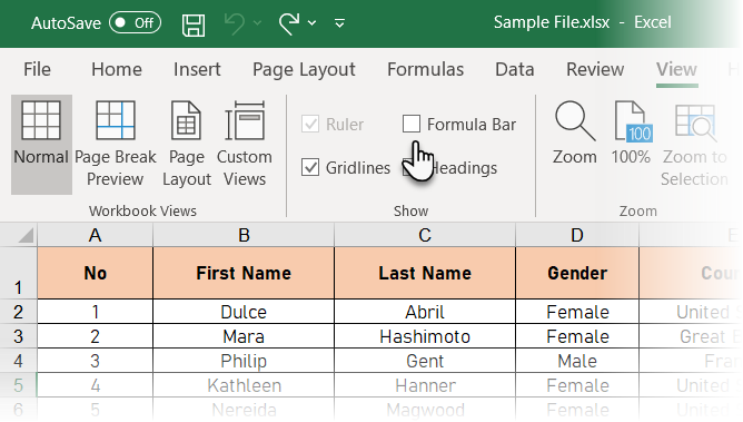 Nascondi la barra della formula utilizzando la scheda Visualizza in Excel