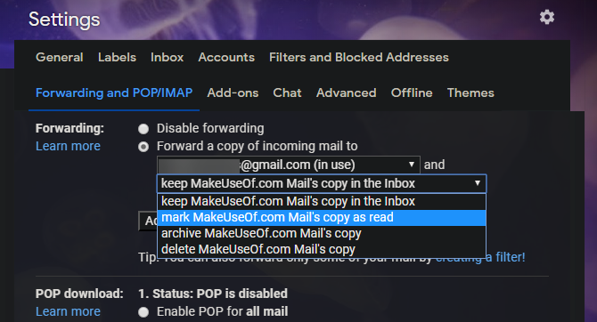 Opzioni di inoltro di Gmail