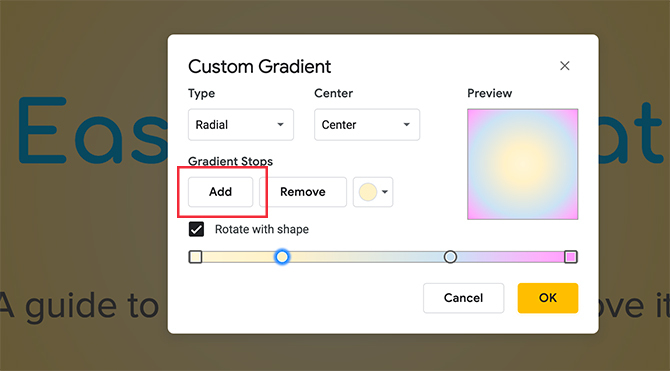 Sfumatura personalizzata di Google Slide sposta colore Stop