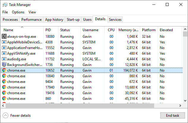 dettagli del task manager di windows