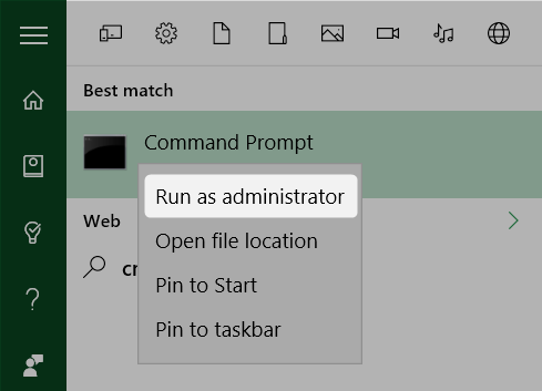 prompt dei comandi con privilegi di Windows 10