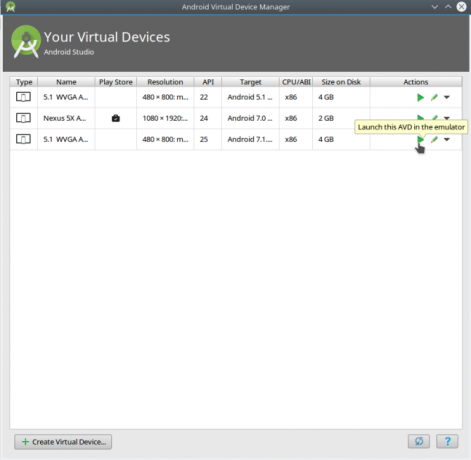 lancio di avdmanager di versioni android studio