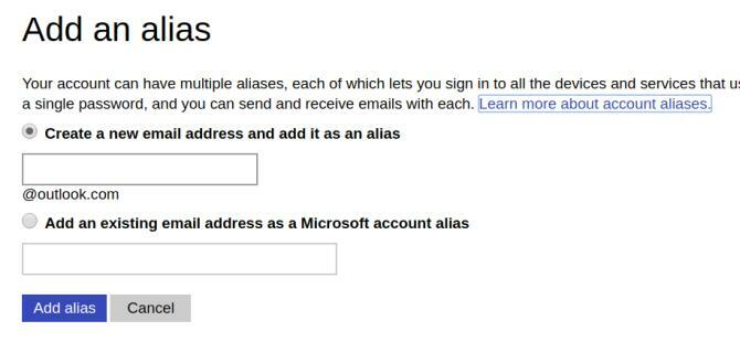 Schermata di creazione dell'alias in Outlook