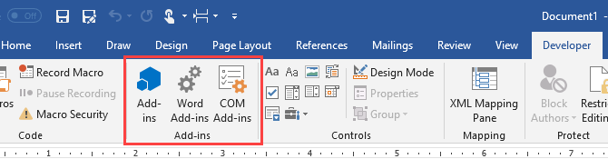 Sezione dei componenti aggiuntivi nella scheda Sviluppatore in Microsoft Word