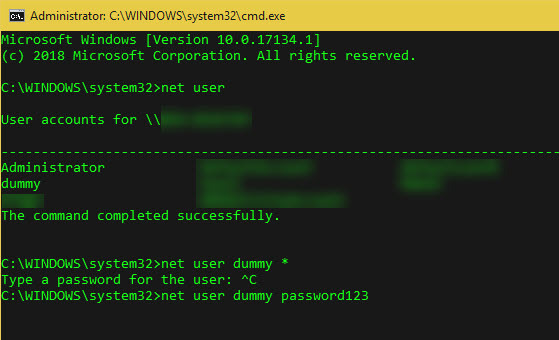 Comando NET USER per modificare la password di Windows tramite il prompt CMD.exe.