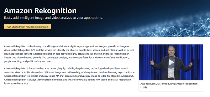 Schermata del sito Web di marketing di Rekognition di Amazon 