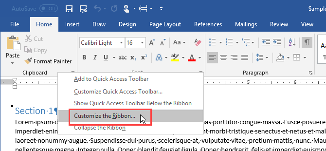 Fare clic con il tasto destro sulla barra multifunzione in Microsoft Word e selezionare Personalizza barra multifunzione