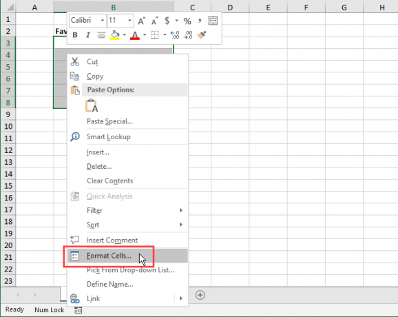 Seleziona Formatta celle dal menu di scelta rapida in Excel