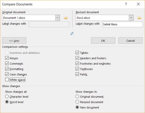 La finestra di dialogo legale Blackline in Microsoft Word