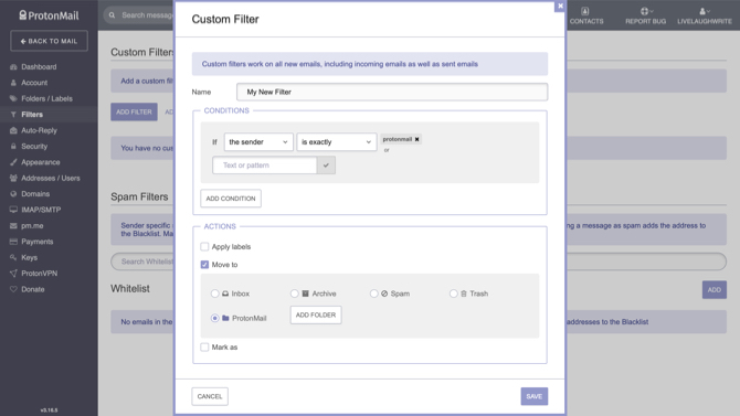 ProtonMail crea un filtro personalizzato