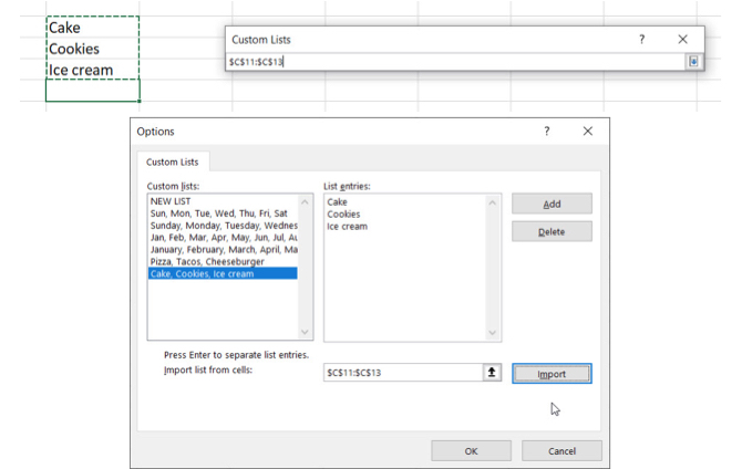 Celle di importazione dell'elenco personalizzato di Excel