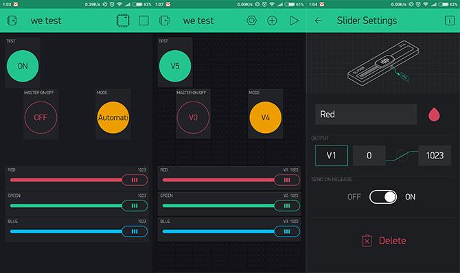slider e pulsanti dell'app blynk