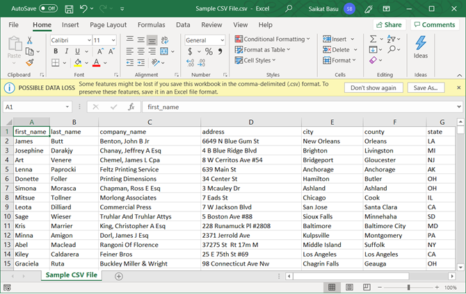 File CSV aperto in Excel