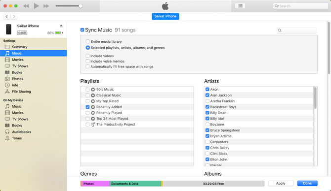 Sincronizzazione di musica specifica con iTunes