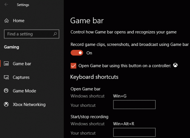 Impostazioni della barra di gioco di Windows 10