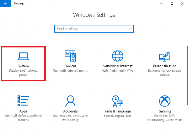 sistema di impostazioni di Windows 10