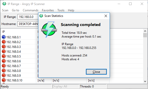 Scansione Angry IP Scanner completata