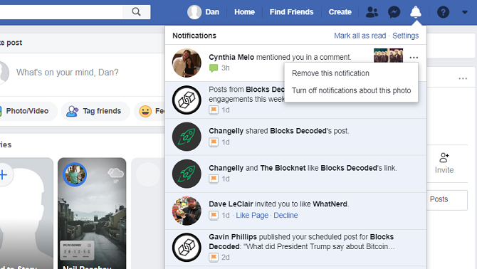 facebook rimuove le opzioni del menu di notifica