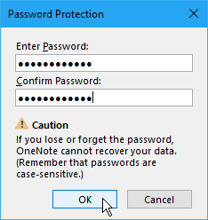 Finestra di dialogo Protezione password in OneNote 2016