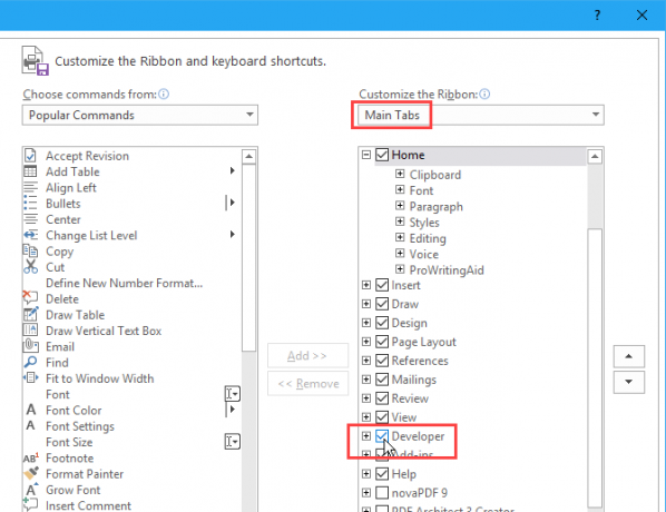 Selezionare la casella di controllo Sviluppatore nella schermata Personalizza barra multifunzione nella finestra di dialogo Opzioni di Word