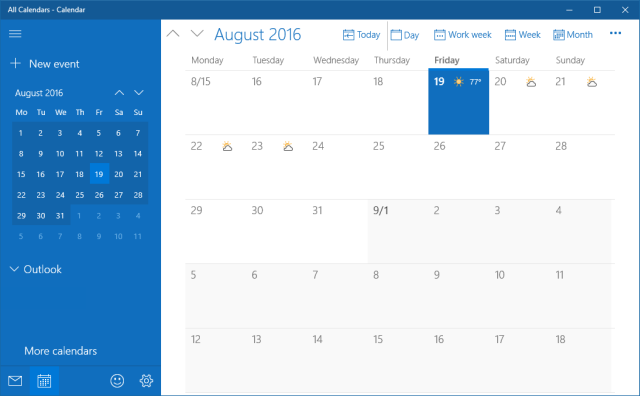 App Calendario di Windows 10