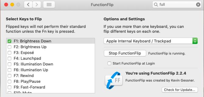 Riquadro impostazioni per l'app FunctionFlip su macOS