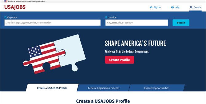 Pagina principale di ricerca di lavoro di USAJOBS