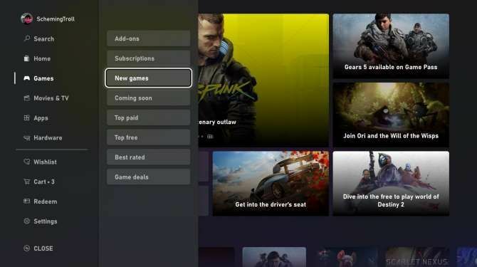 Il menu di navigazione per il nuovo Microsoft Store su Xbox