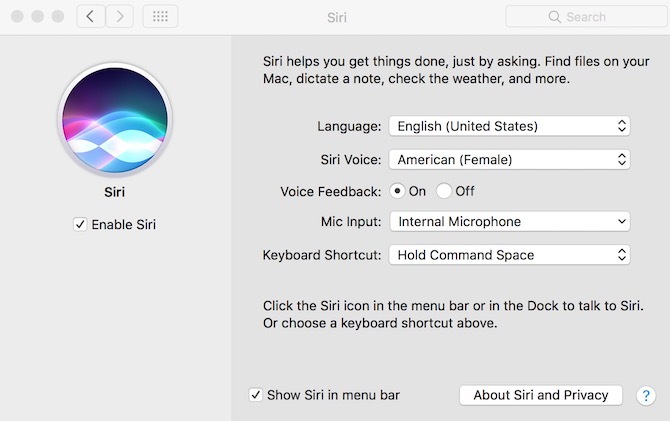 Impostazioni Siri su macOS Sierra