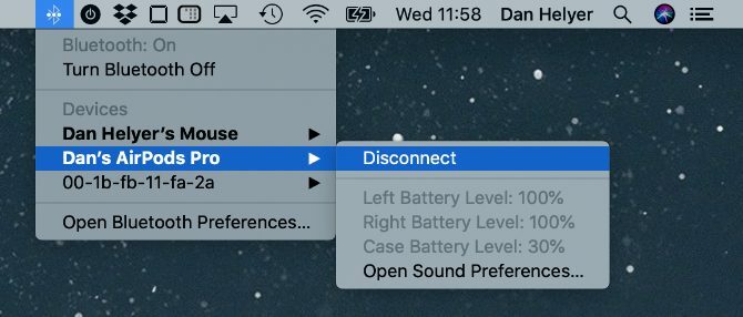 AirPods livello della batteria nel menu macOS Bluetooth
