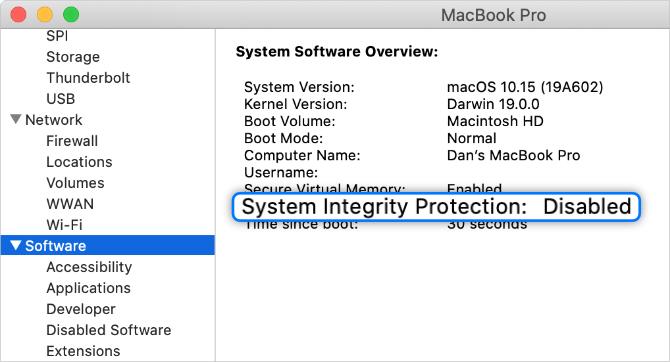 Protezione dell'integrità del sistema disabilitata in Rapporto sistema Mac