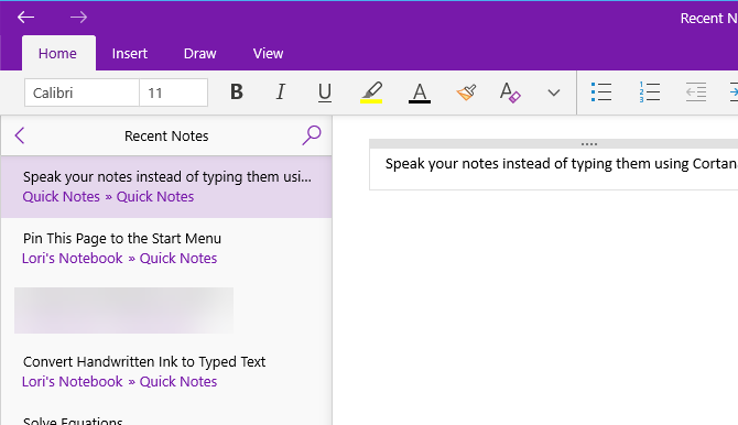 Nota aggiunta a OneNote mediante Cortana