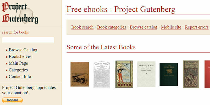 Questa schermata raffigura il menu principale del depositario di ebook gratuito Project Gutenberg