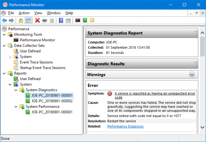 Risultati diagnostici di Performance Monitor di Windows 10