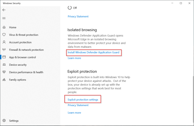 controllo delle impostazioni di app e browser in Windows Defender