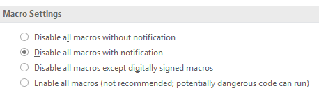 Impostazioni macro di Word 2016