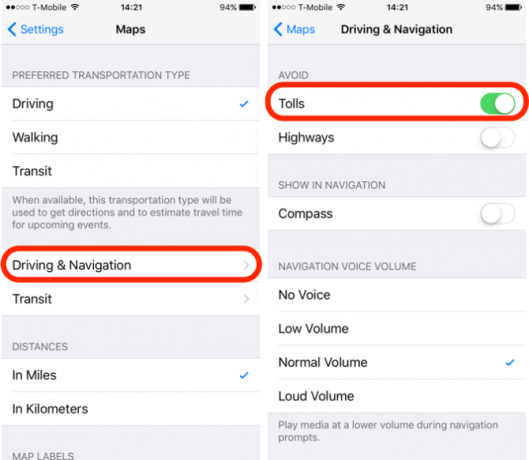 Funzione iOS 10 Evita i pedaggi nelle indicazioni stradali