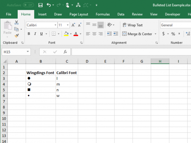 Lettere nel carattere Calibre e simboli equivalenti nel carattere Wingdings in Excel