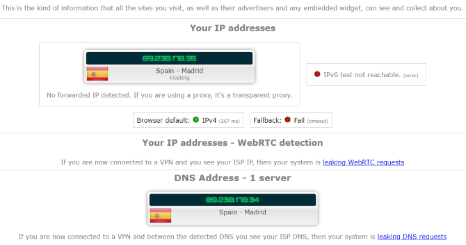 Perdita IP Test di una VPN in Spagna