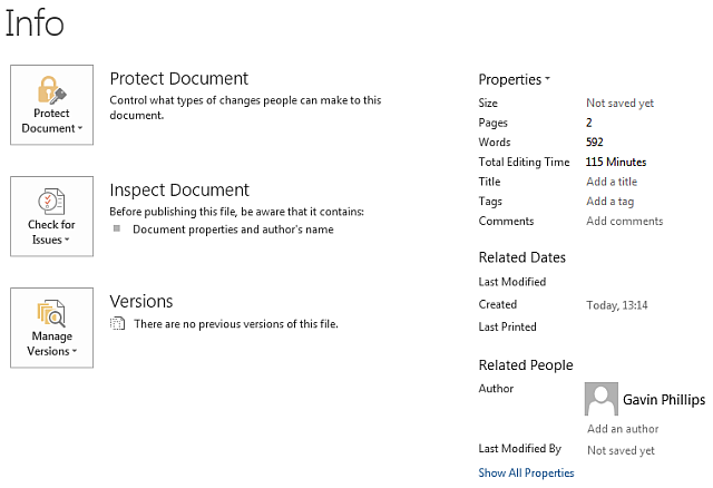 Informazioni sul documento di Microsoft Word 2013