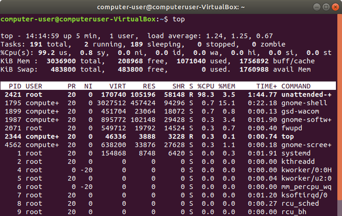 Un terminale Linux che visualizza il comando principale