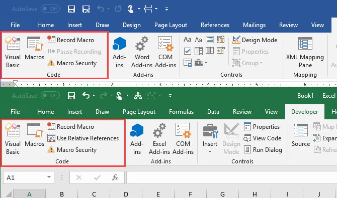 Sezione codice nella scheda Sviluppatore in Microsoft Word e Microsoft Excel