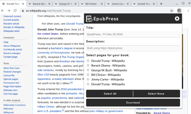 Crea un ebook offline di più collegamenti Wikipedia con EpubPress