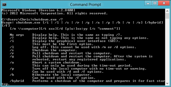 opzioni di arresto del prompt dei comandi di Windows 8