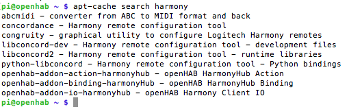 ricerca apt-cache di openhab per il binding dell'armonia