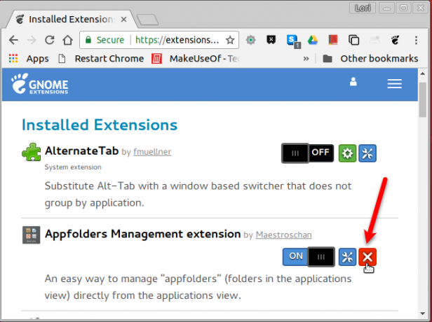 Disinstallare un'estensione sul sito Web di GNOME Extensions