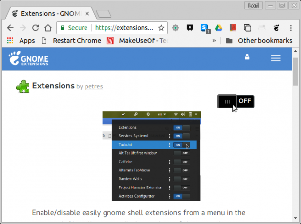 Attiva un'estensione sul sito Web di estensioni di GNOME in Chrome