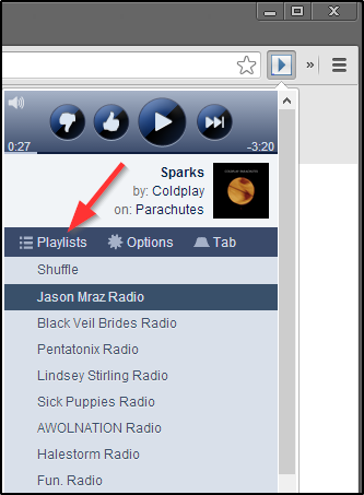 SoundControl Beta per Pandora: menu a discesa con playlist