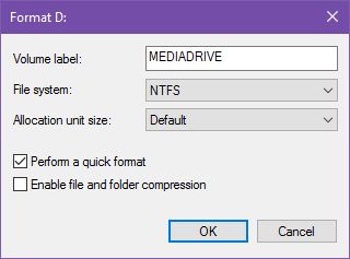 opzioni del formato del disco di Windows